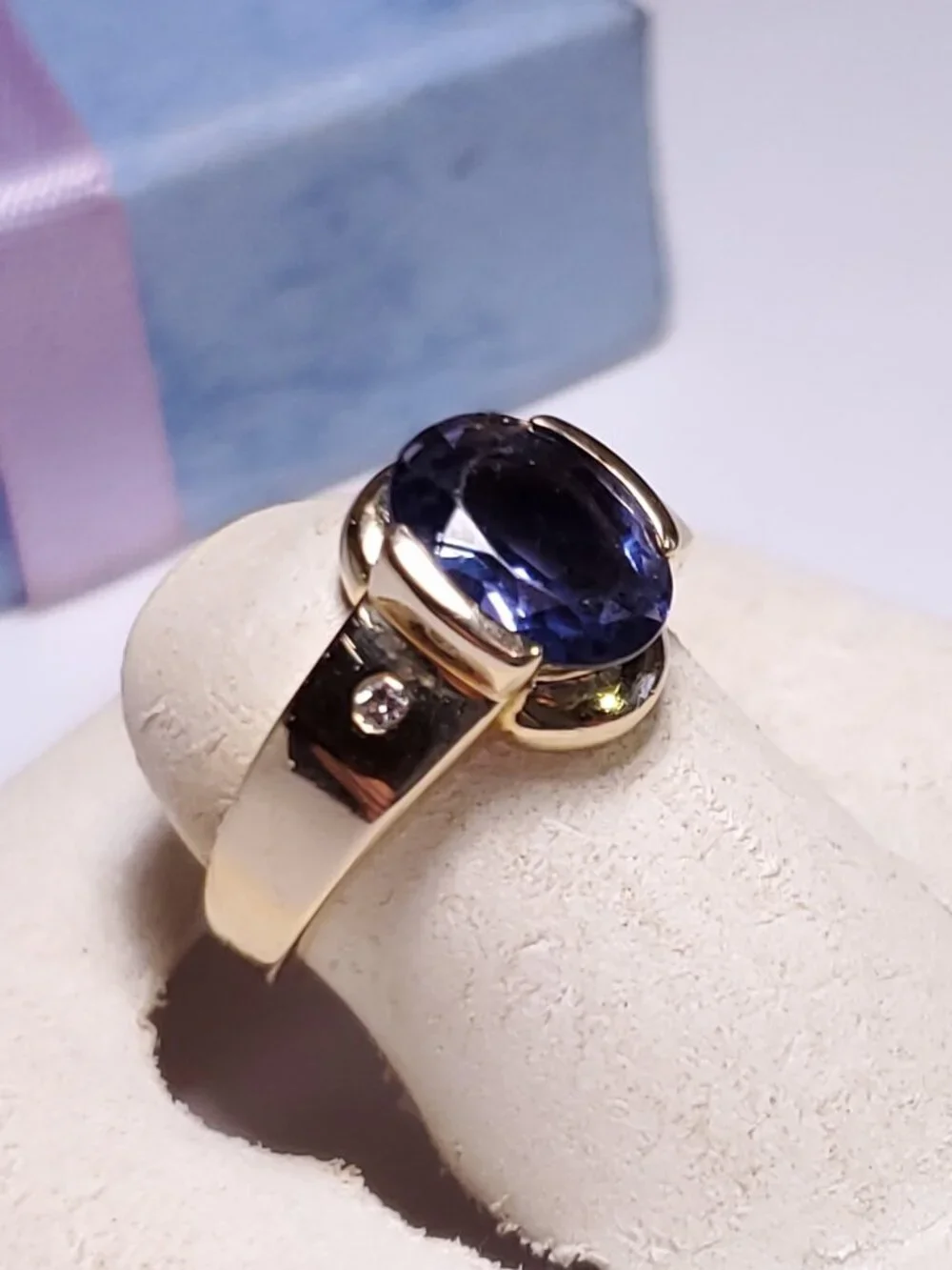 Estate 1.75ct Natural Tanzanite & Diam JC Rinker 14Kt YG 1/2 bezel S-4 Ring24967